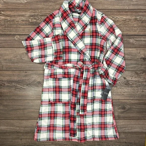 Ralph Lauren Women's Plush Soft Plaid Shawl-Collar Robe Cream Red MEDIUM NEW